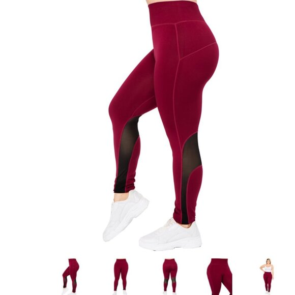 BURGUNY Workout Leggings With Mesh Solid - Picture 4 of 6